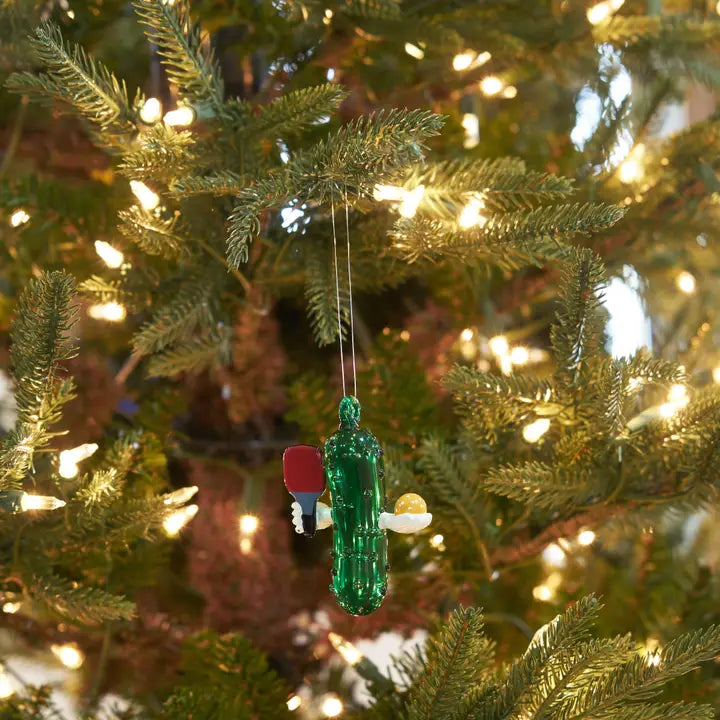 Pickle Playing Pickleball Glass Ornament