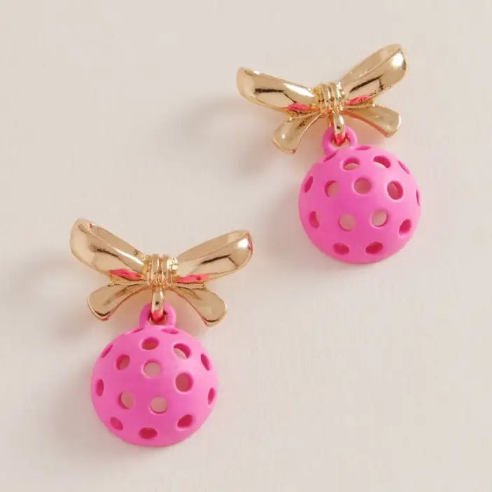 E4 Pink Pickleball & Gold Bow Post Earrings