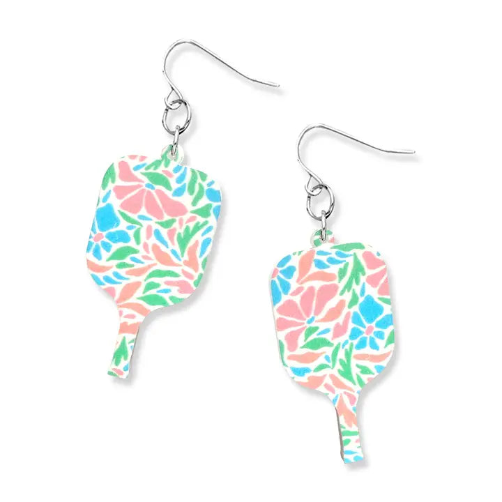 Floral, Multi-Color Paddle-Shaped Acrylic Earrings