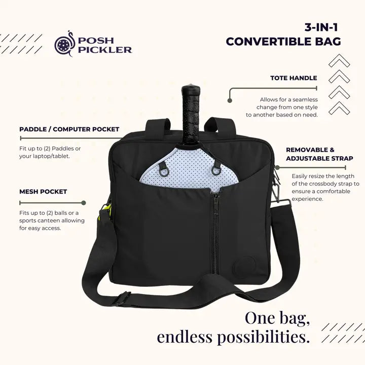 3-in-1 Black Pickleball Backpack, Tote & Crossbody