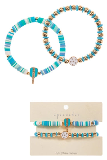 Enamel Pickleball Rubber Beads Stretch Bracelet, set of 2