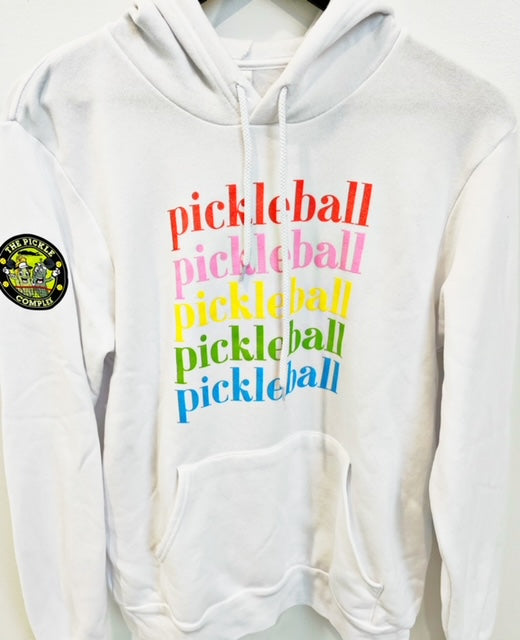 Hooded White Sweatshirt- Rainbow Pickleball