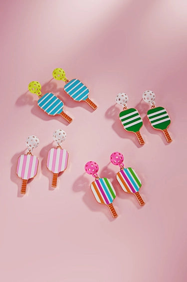 E2 Pink Pickleball & Striped Multi-Color Paddle Post Earrings