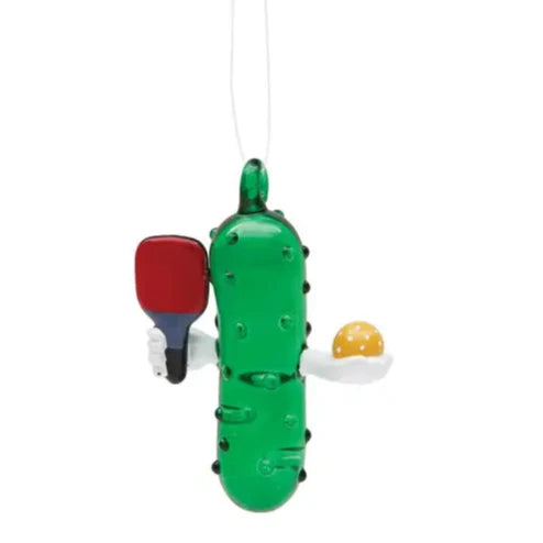 Pickle Playing Pickleball Glass Ornament