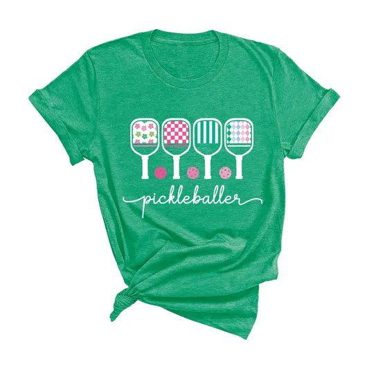 Heather Kelly Green Graphic Tee- Pickleballer w/ Paddles