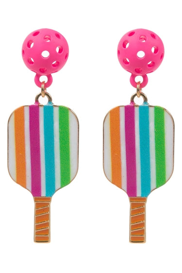 E2 Pink Pickleball & Striped Multi-Color Paddle Post Earrings