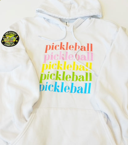 Hooded White Sweatshirt- Rainbow Pickleball
